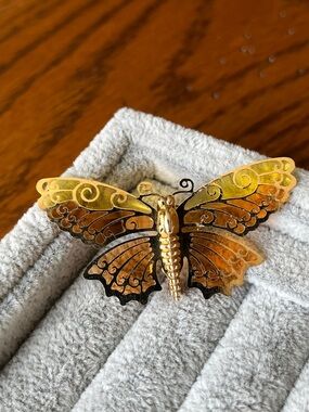 Avon Luminous Wings Orange and Yellow Filigree Butterfly Brooch